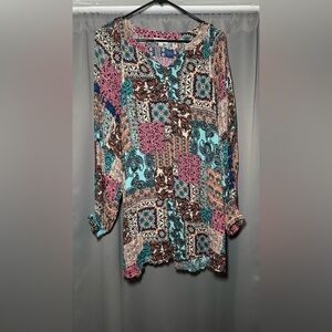 Umgee Colorful Patchwork Floral Paisley Printed Buttoned Tunic Dress Size M
